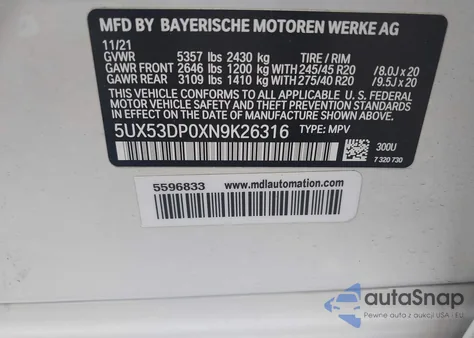 2022 BMW X3 xDrive30I z USA, uszkodzony, nr VIN 5UX53DP0XN9K26316